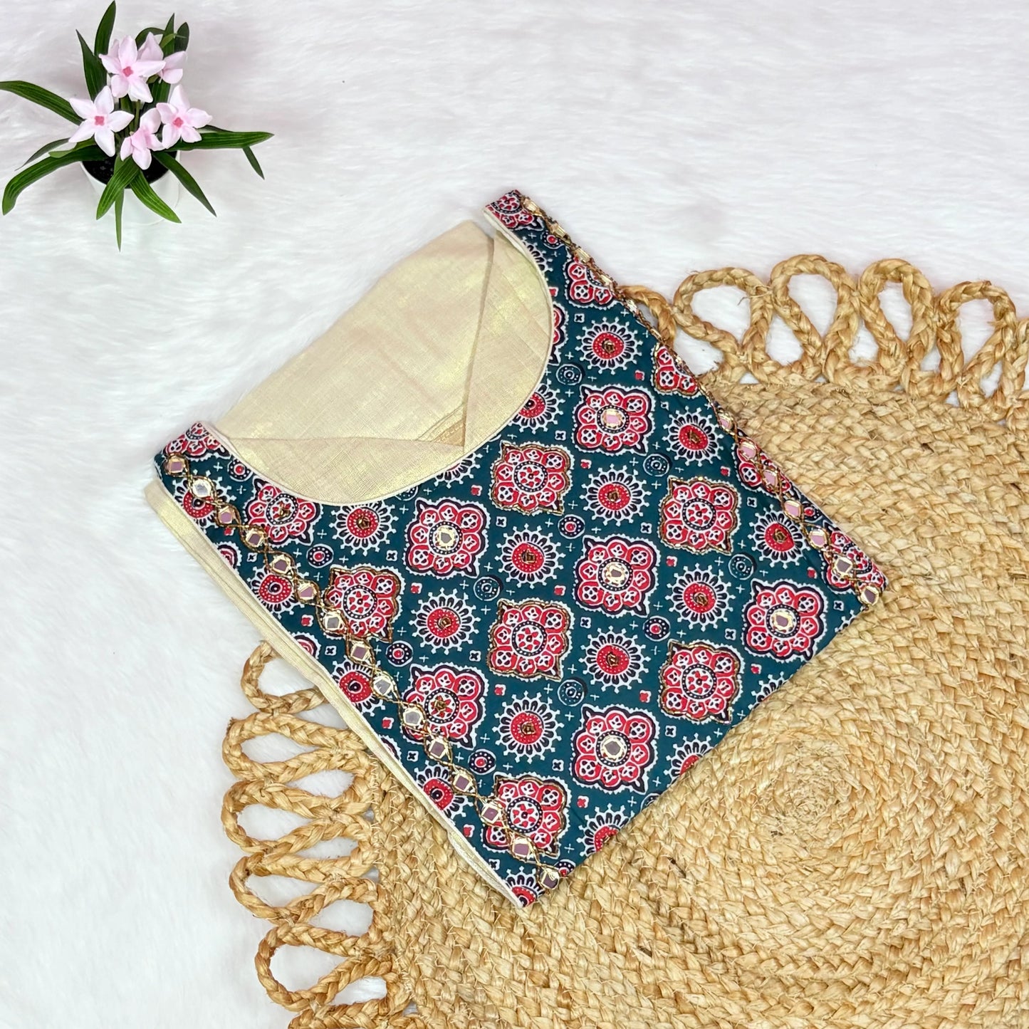 Patterned fabric with floral design on a textured surface