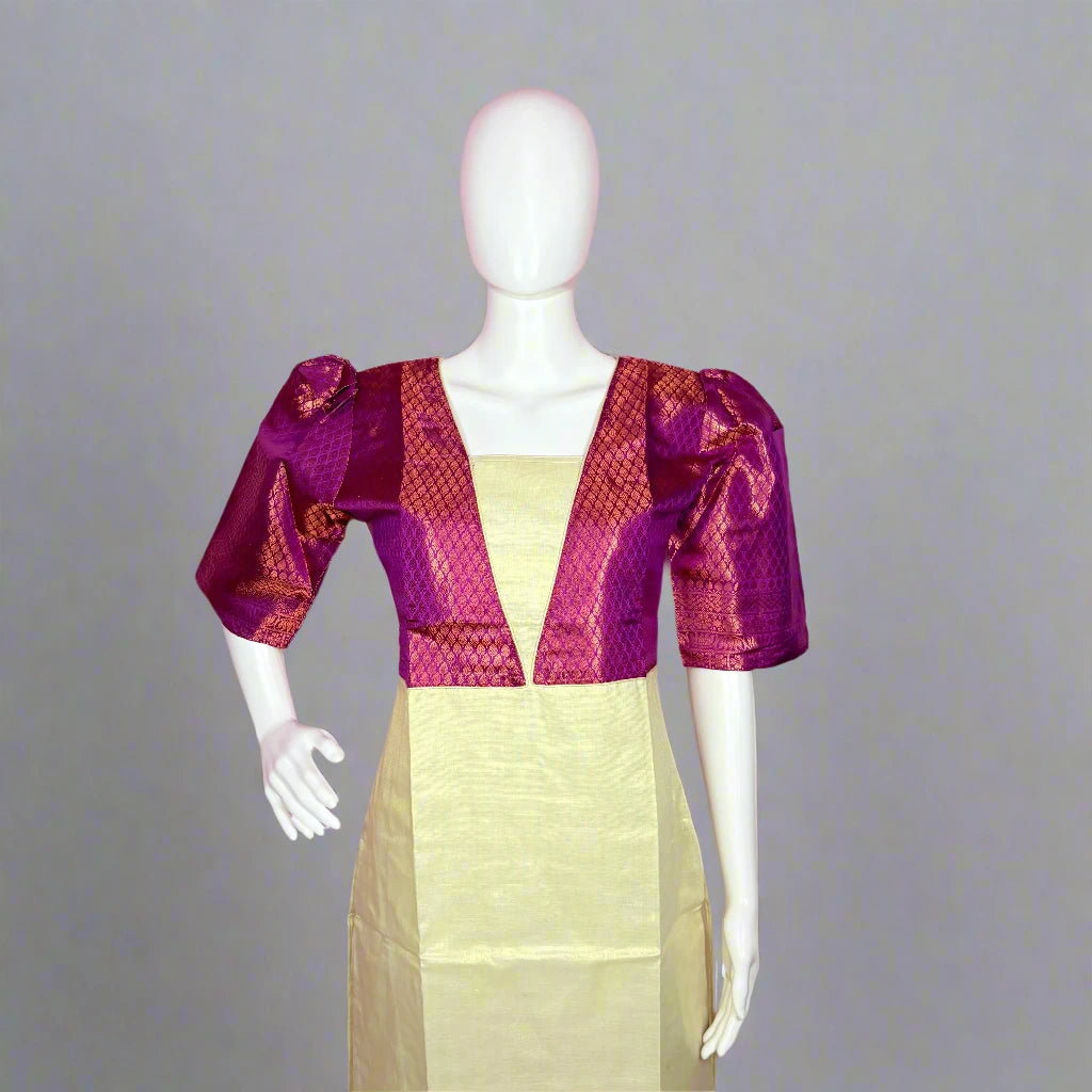 Mannequin wearing a purple and pink patterned top over a yellow dress on a pink background
