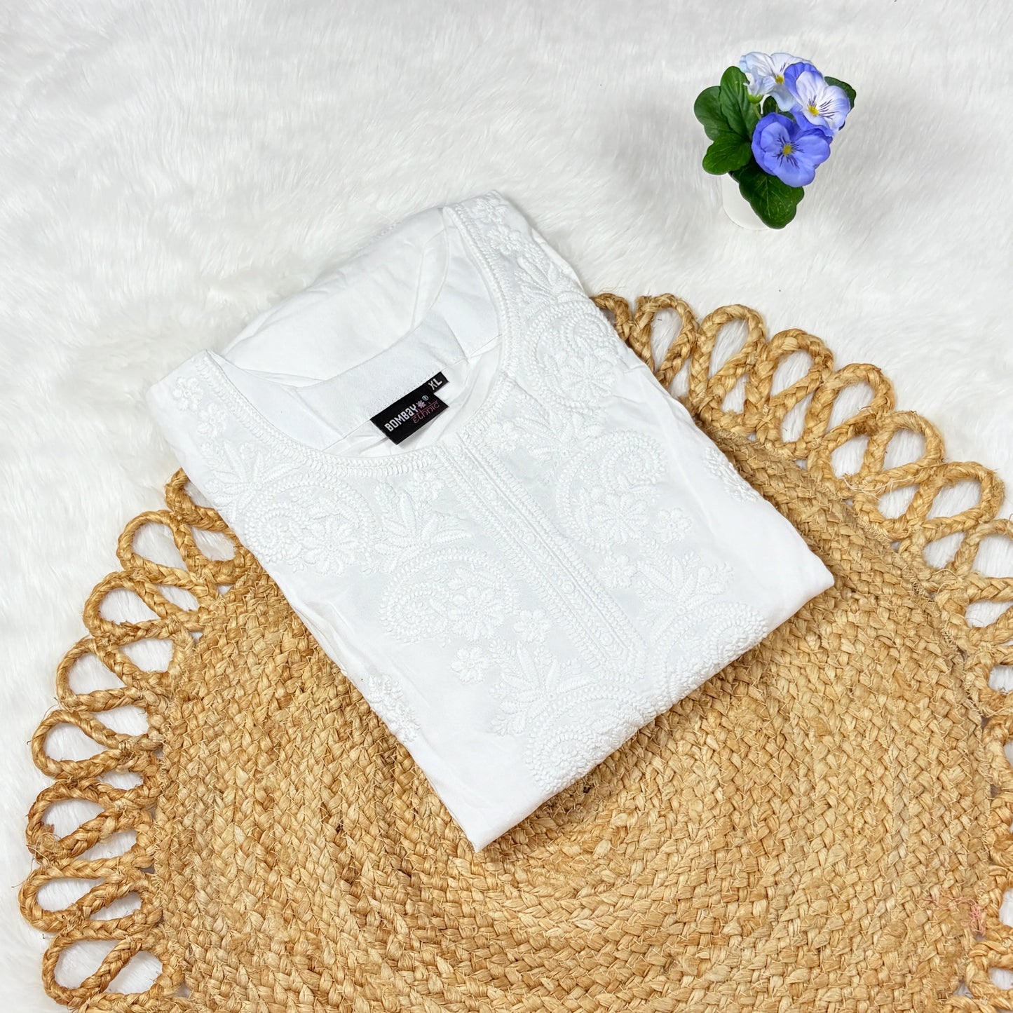 White Embroidered Cotton Kurti with Matching Bottom | Everyday Comfort Set