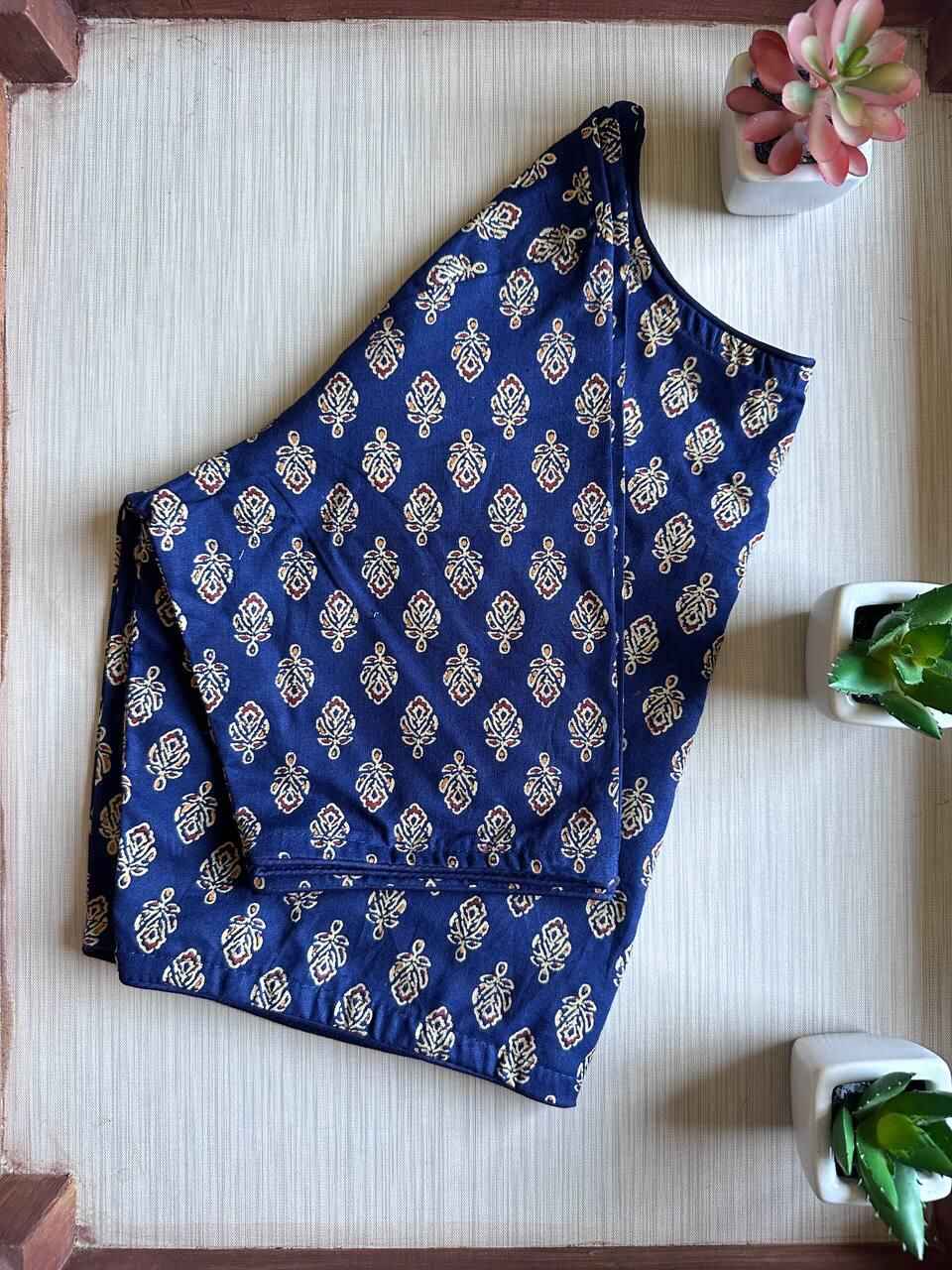 Pure Ajrakh Non-Padded Cotton Readymade Dark Blue Blouse