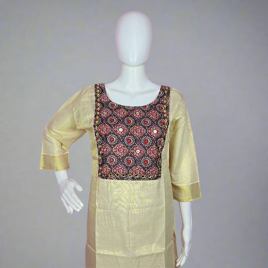 Women's Kerala Traditional Tissue Kurti with Ajarkh Printed Yoke