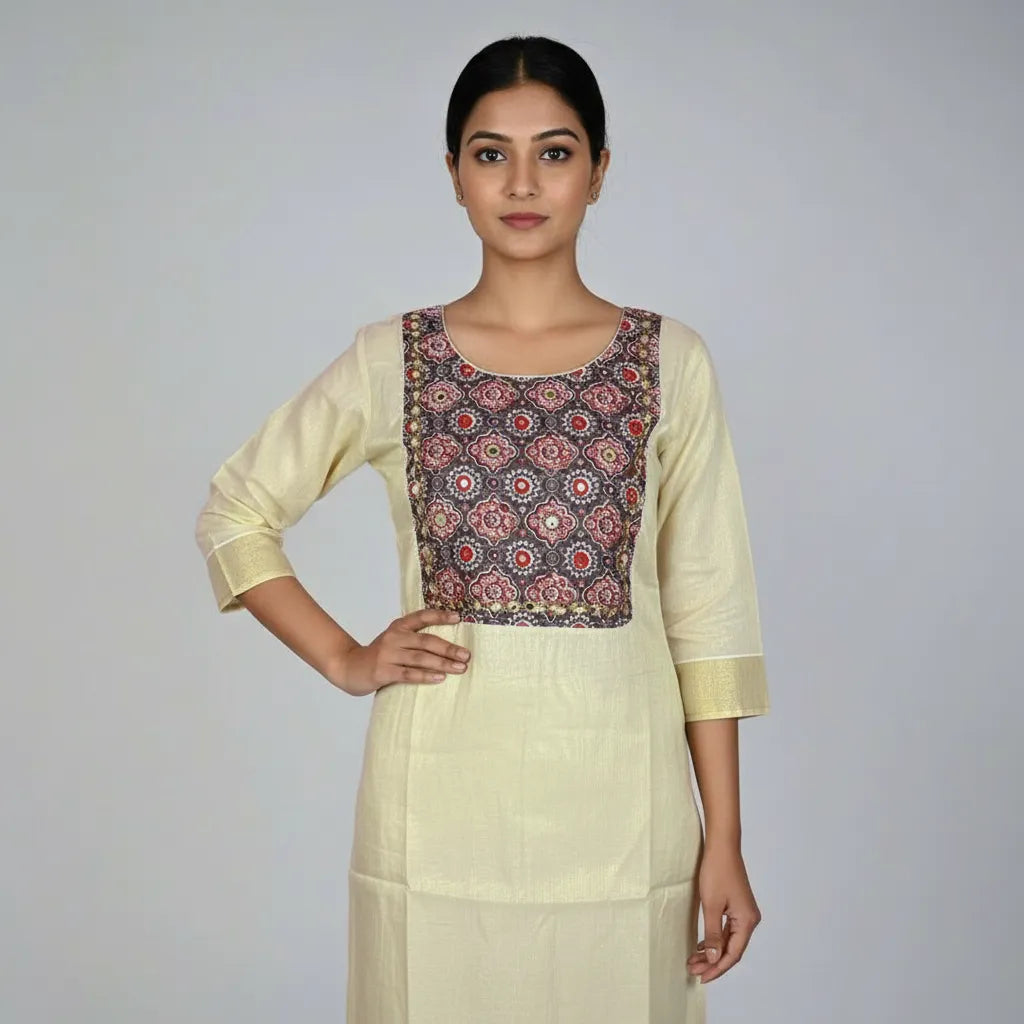 Golden Tissue Kurti Ajrakh Print Mirror Work | Kerala Traditional Festive Wear RAE Trends Golden Tissue Kurti Ajrakh Print Mirror Work | Kerala Traditional Festive Wear RAE Trends