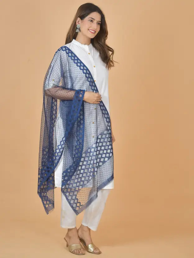Women's Net Self Design Navy Blue Dupatta