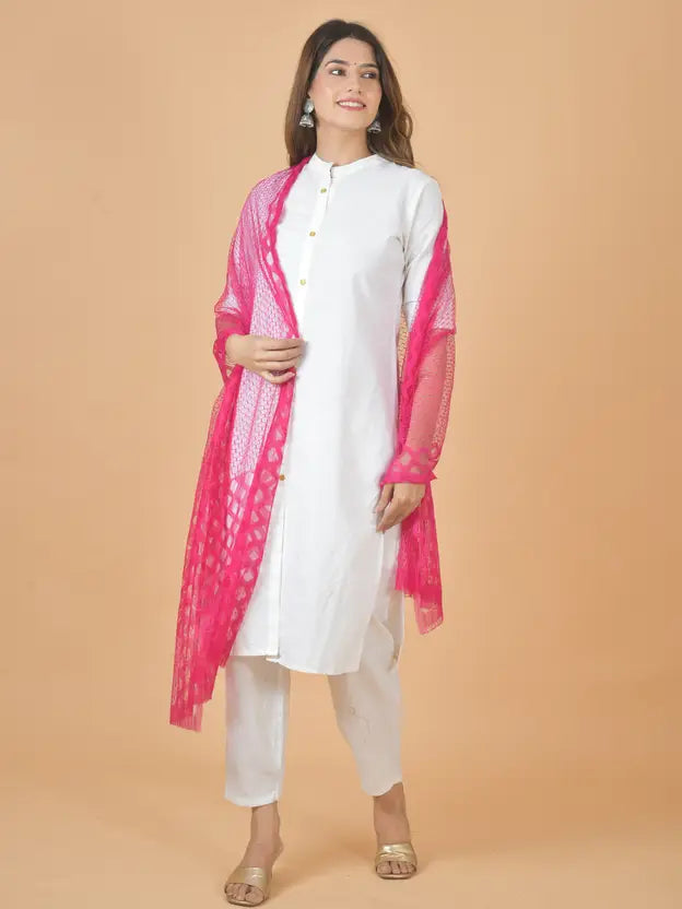Women's Net Self Design Rani Pink Dupatta