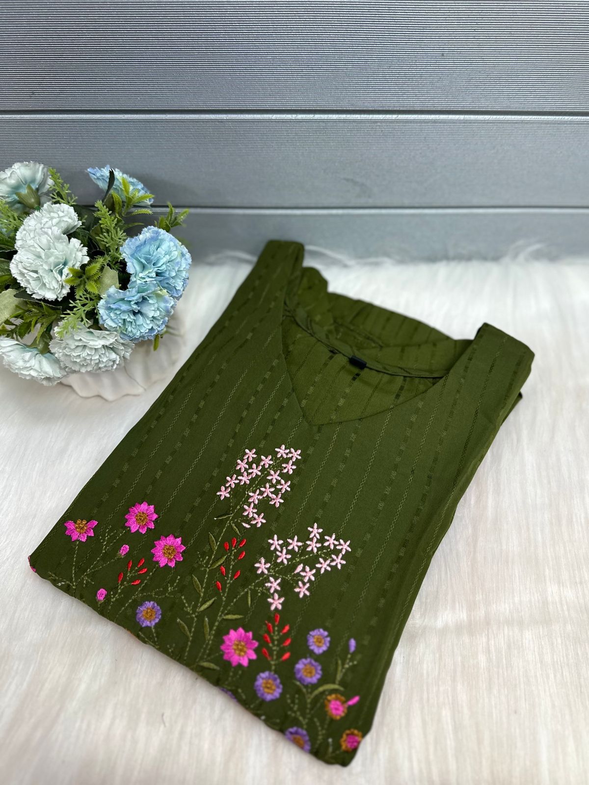 Women's Poly Cotton with Self Thread Weave Floral Embroidery A-Line Kurti