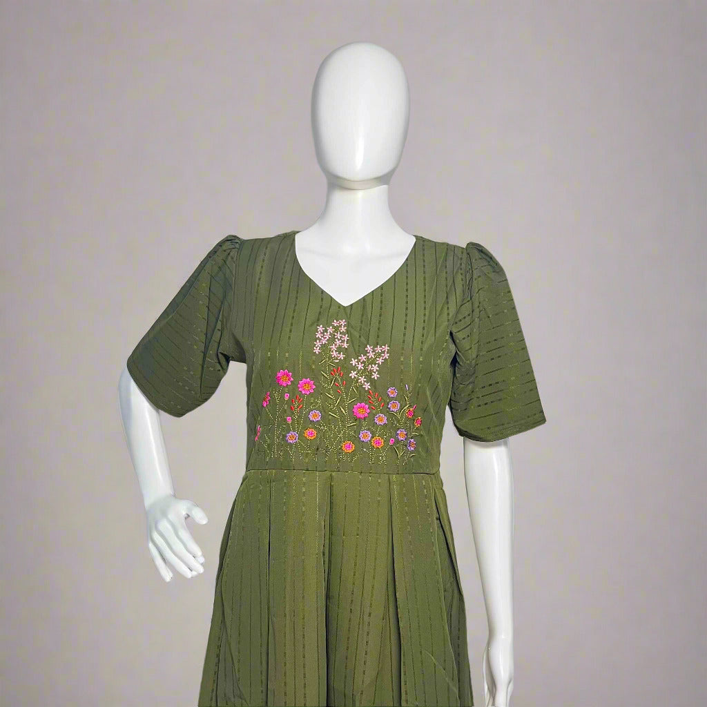 Women's Poly Cotton with Self Thread Weave Floral Embroidery A-Line Kurti