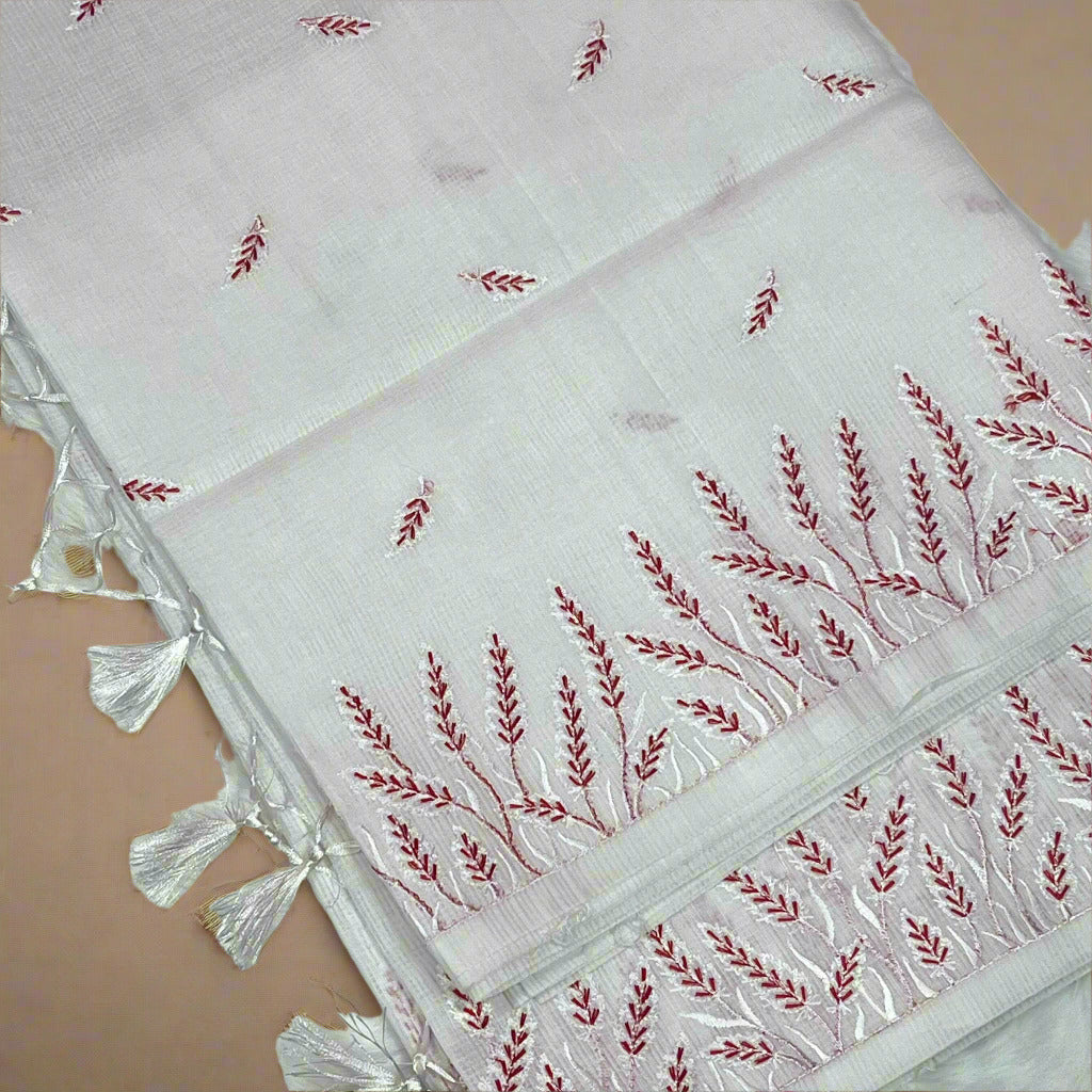 Women's White & Red Wheat Embroidery Design Saree With Un-Stiched Blouse