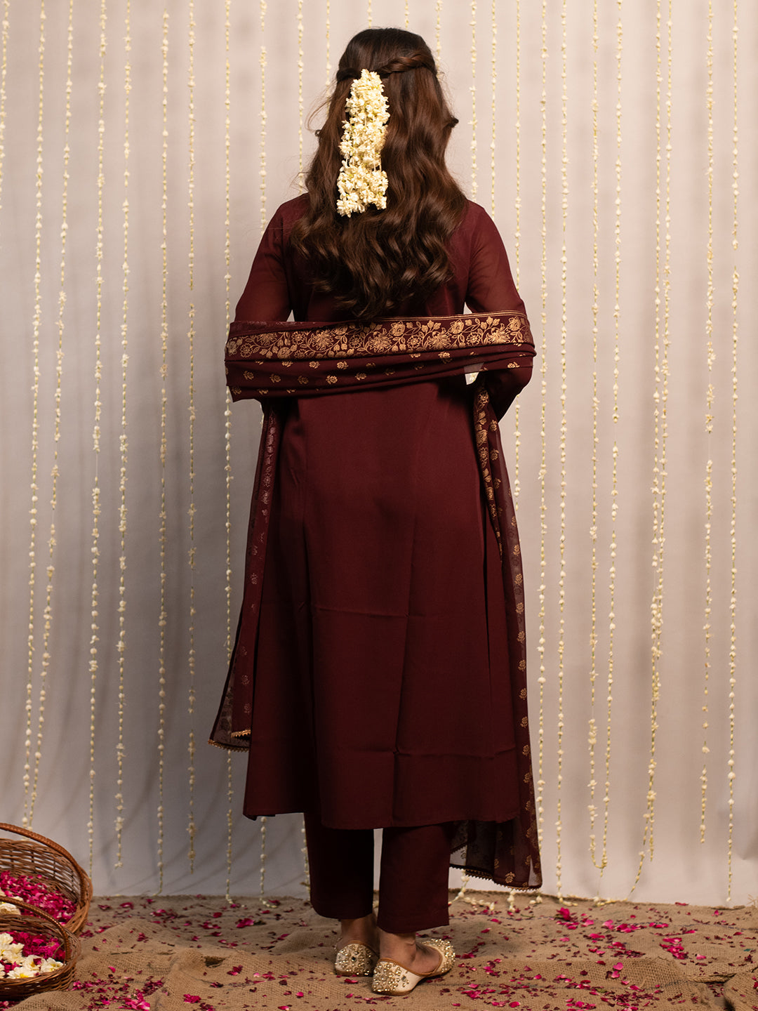 Women's Maroon Poly Crepe Straight Kurta with Pant and Dupatta