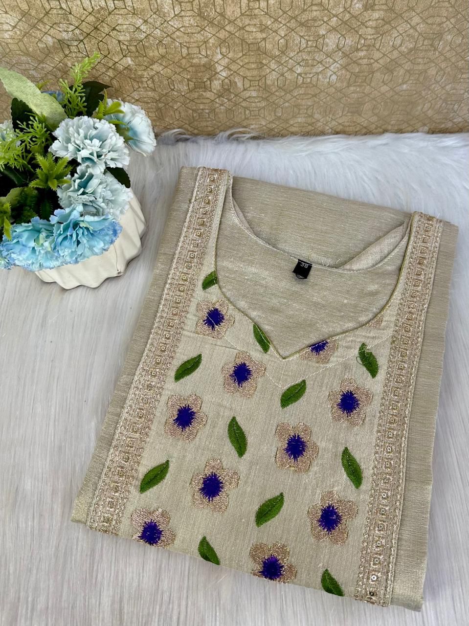 Women's Beige Kerala Tissue Kurti with Blue Floral Yoke Embroidery | Onam Vishu Festive Wear