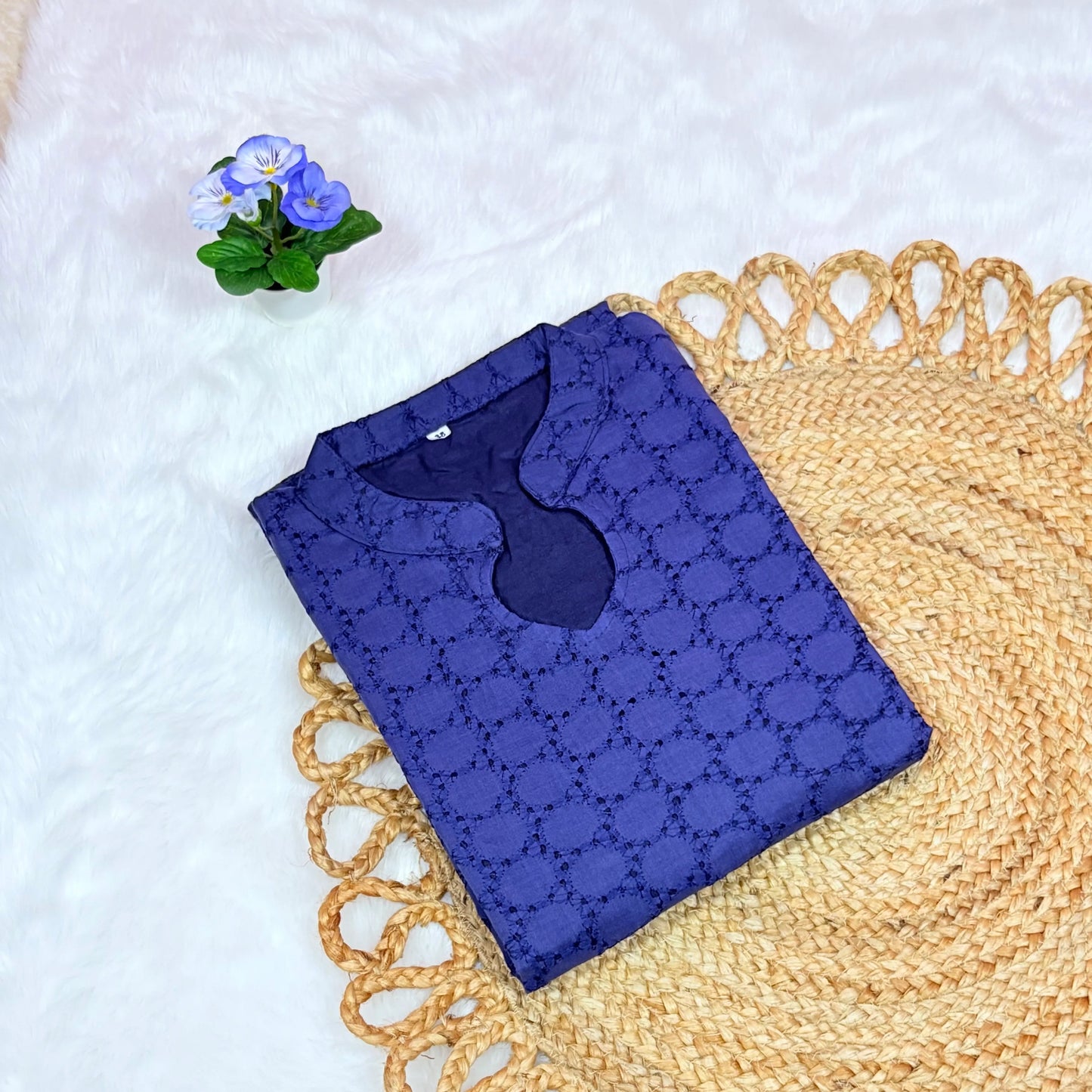 Women's Blue Floral Embroidery Hakoba Slitted Kurti with Cotton Lining