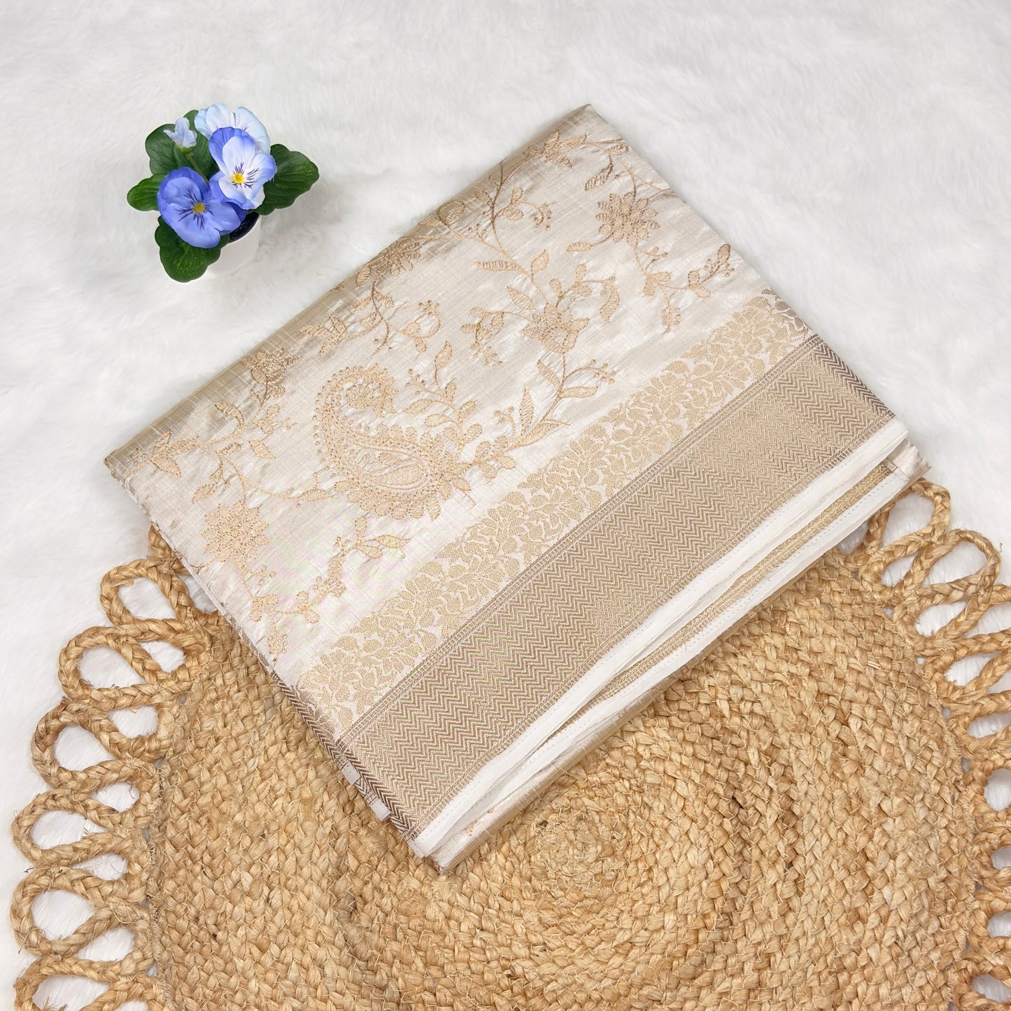 Women's Elegant Cream Tussar Silk Saree with Golden Paisley & Floral Weaving – Perfect for Weddings & Festive Wear