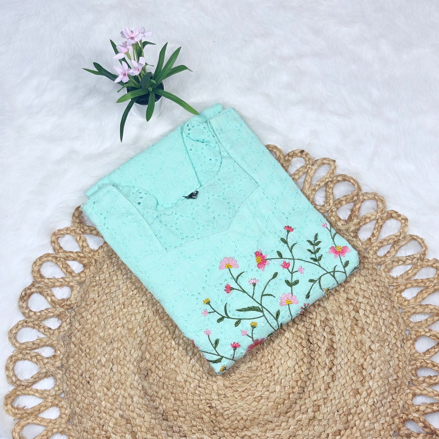 Women’s Elegant Mint Green Hakoba Kurti with Floral Embroidery – Summer Collection