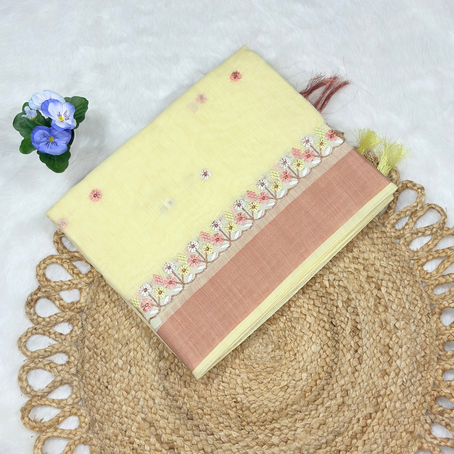 Women's Elegant Pastel Yellow Cotton Saree with Yellow Floral Embroidery & Contrast Border – Lightweight Festive & Office Wear