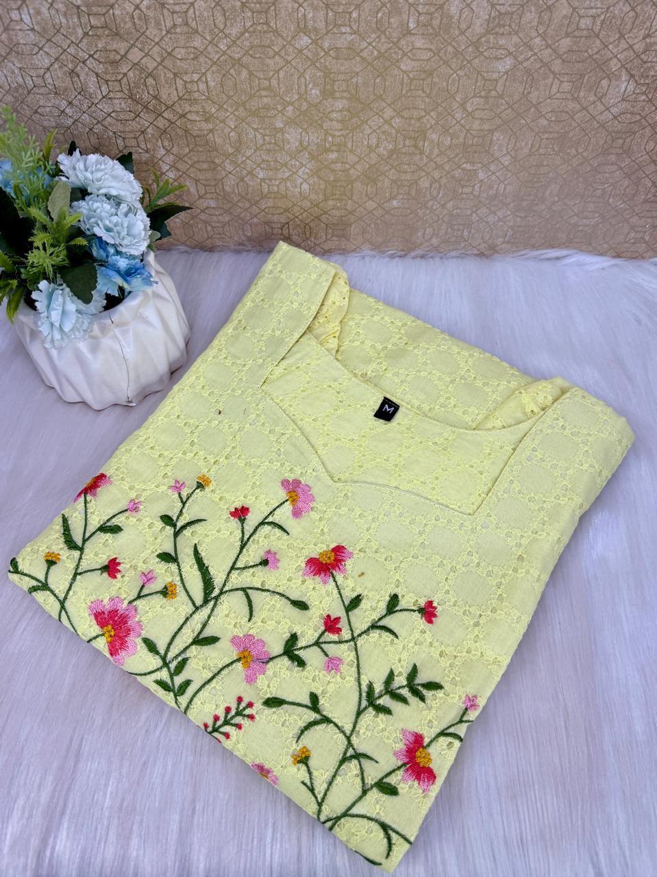 Women’s Elegant Yellow Hakoba Kurti with Floral Embroidery – Summer Collection