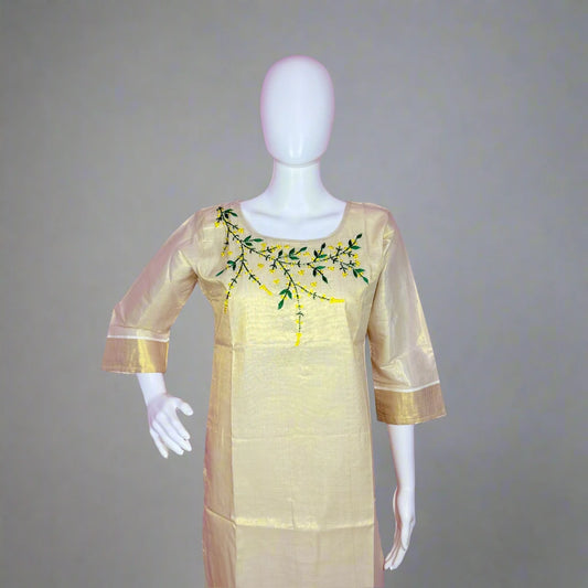 Women's Kerala Traditional Elegant Tissue Kurti with Hand Embroidered Floral Detailing