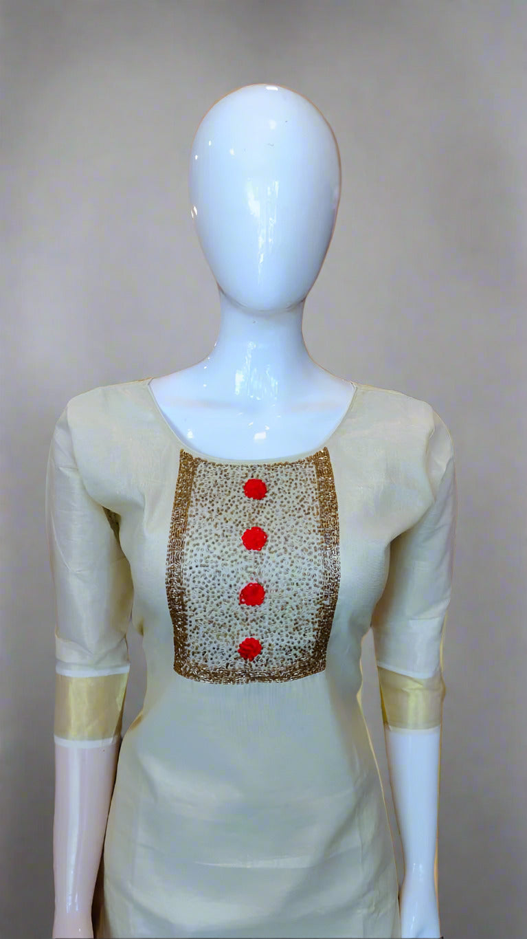 Women's Kerala Traditional Handwork Gold Tissue Kurti