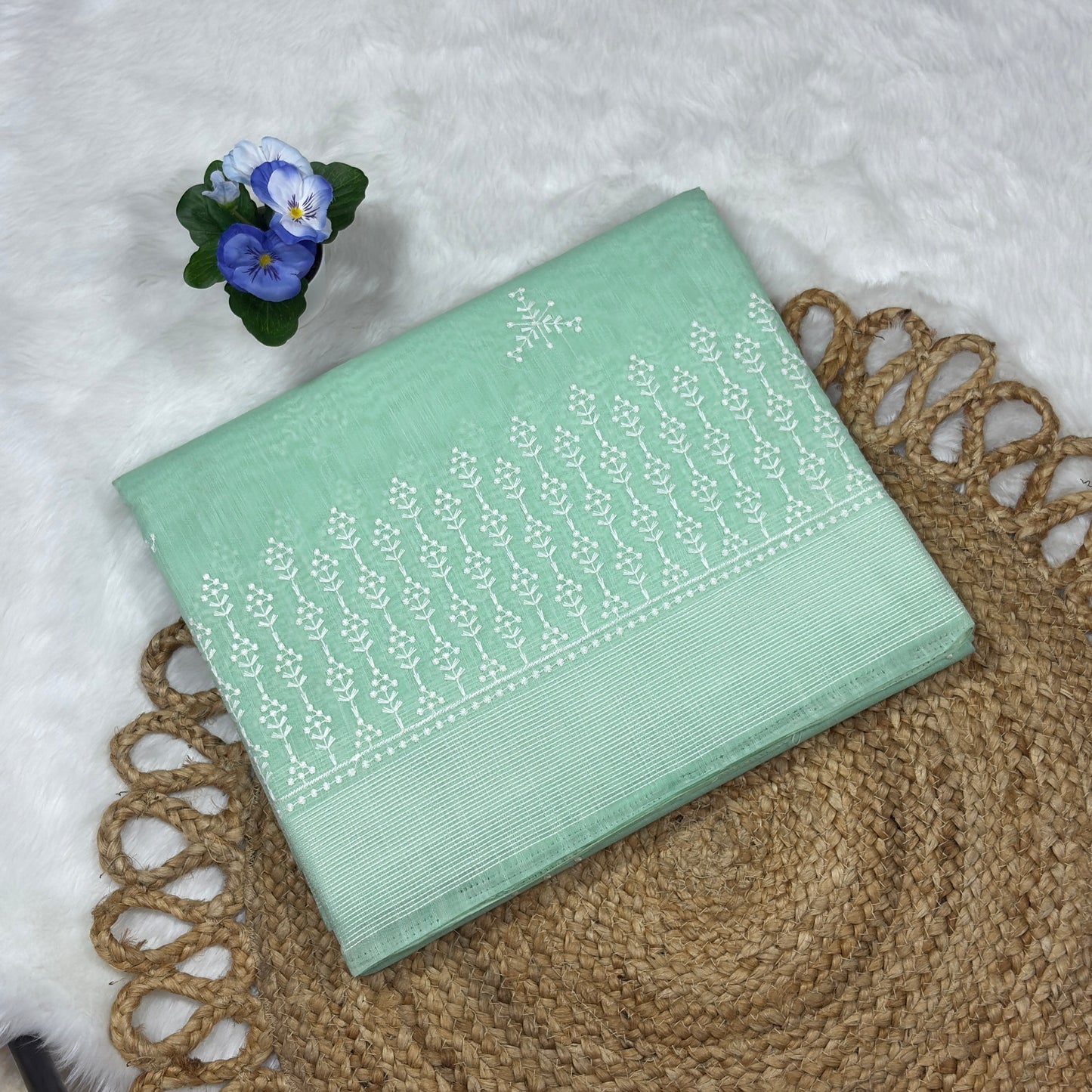 Women's Mint Green Cotton Saree with White Woven Design – Elegant Daily & Festive Wear