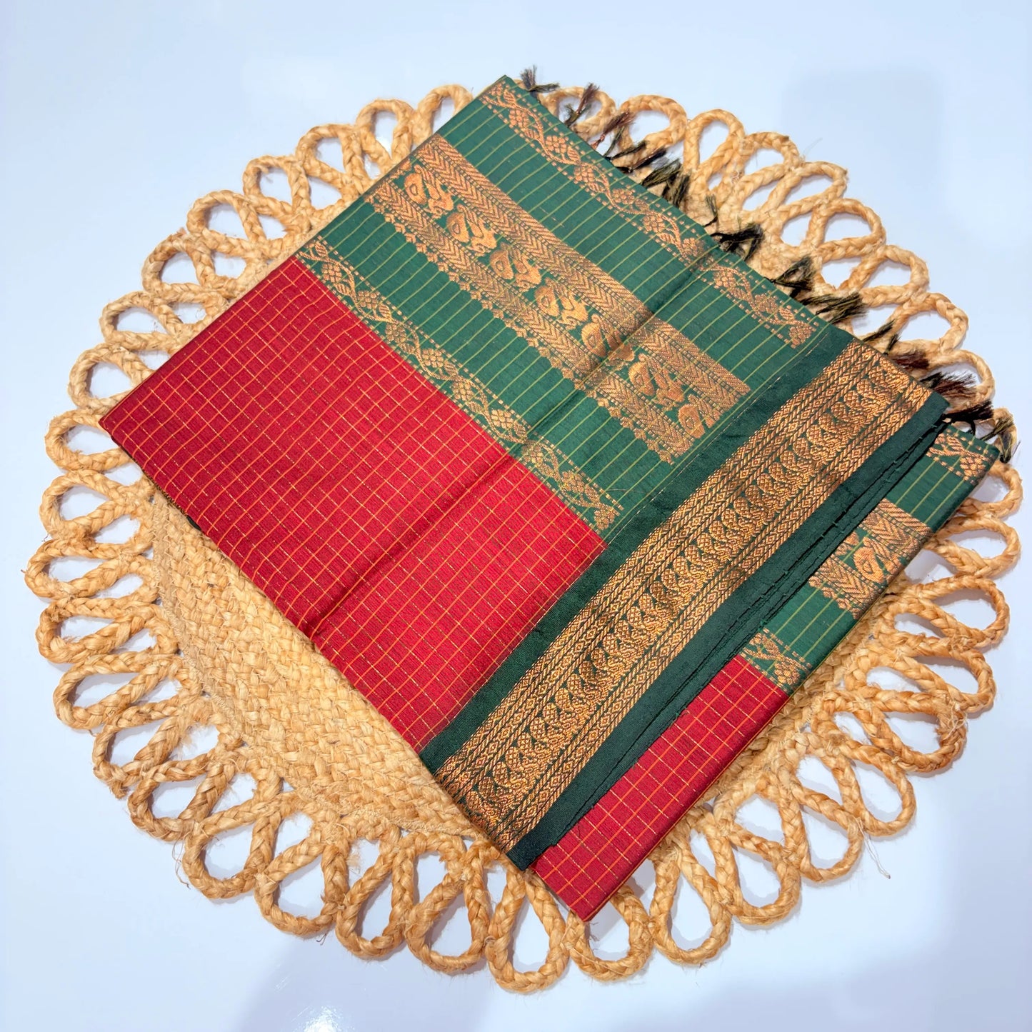 Women's Kalyani Cotton Checked Saree Red with Green Golden Zari Border