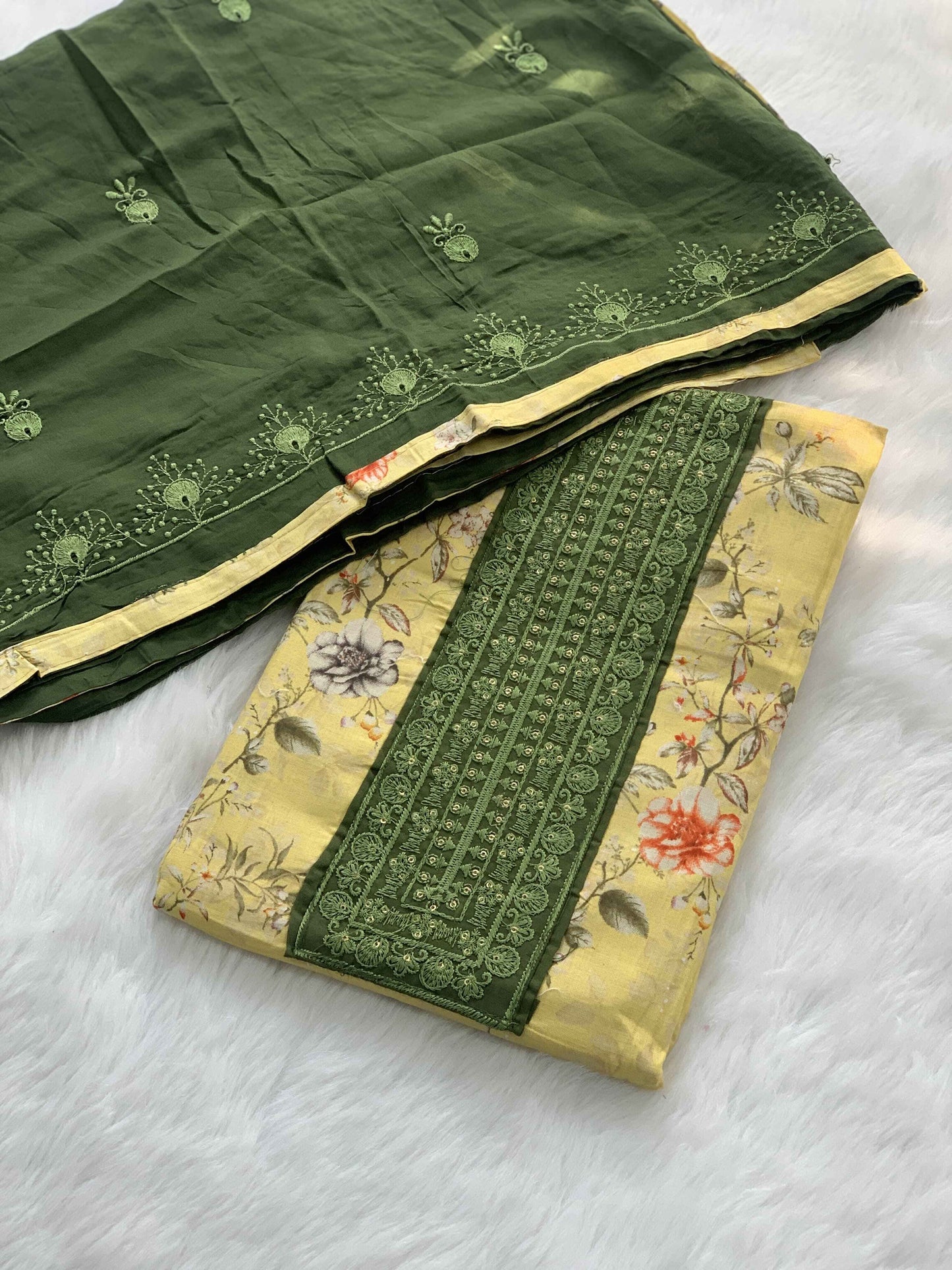 Yellow Patch Work Neck Floral Printed Cotton Suit Set
