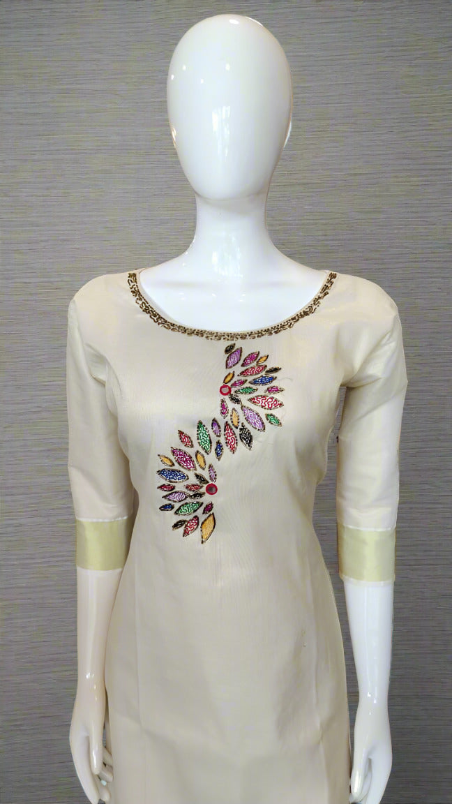 Women's Kerala Traditional Multi Color Handwork Gold Tissue Kurti