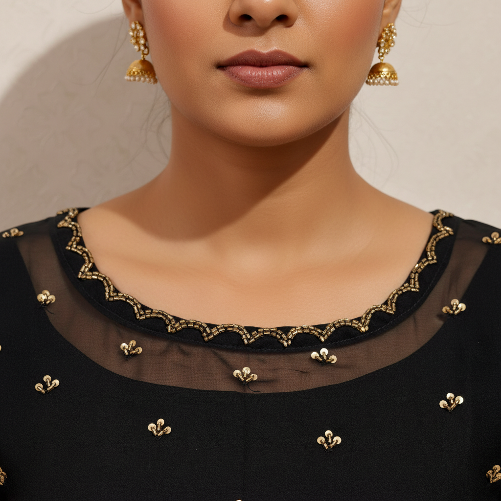 Black Georgette Kurti – Golden Pearl & Zari Handwork Embroidery Close-Up | Gold Beaded Scallop Neckline Detail