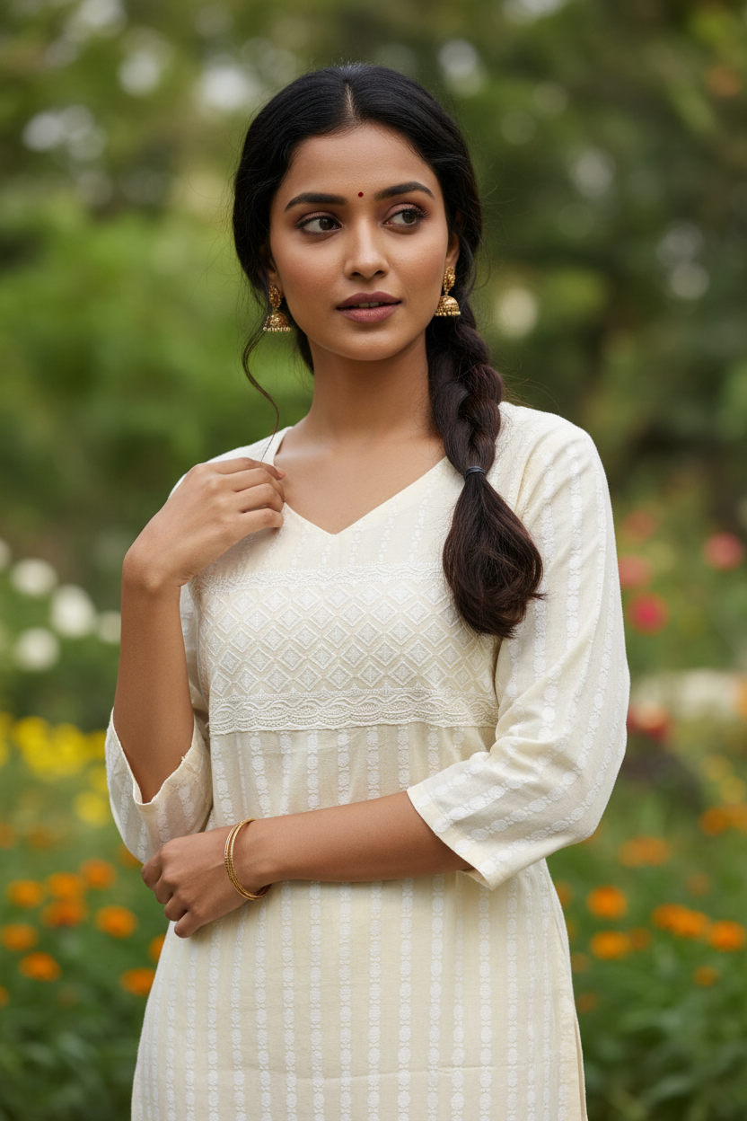 Chikankari Kurti V-Neck – Detail Close-Up