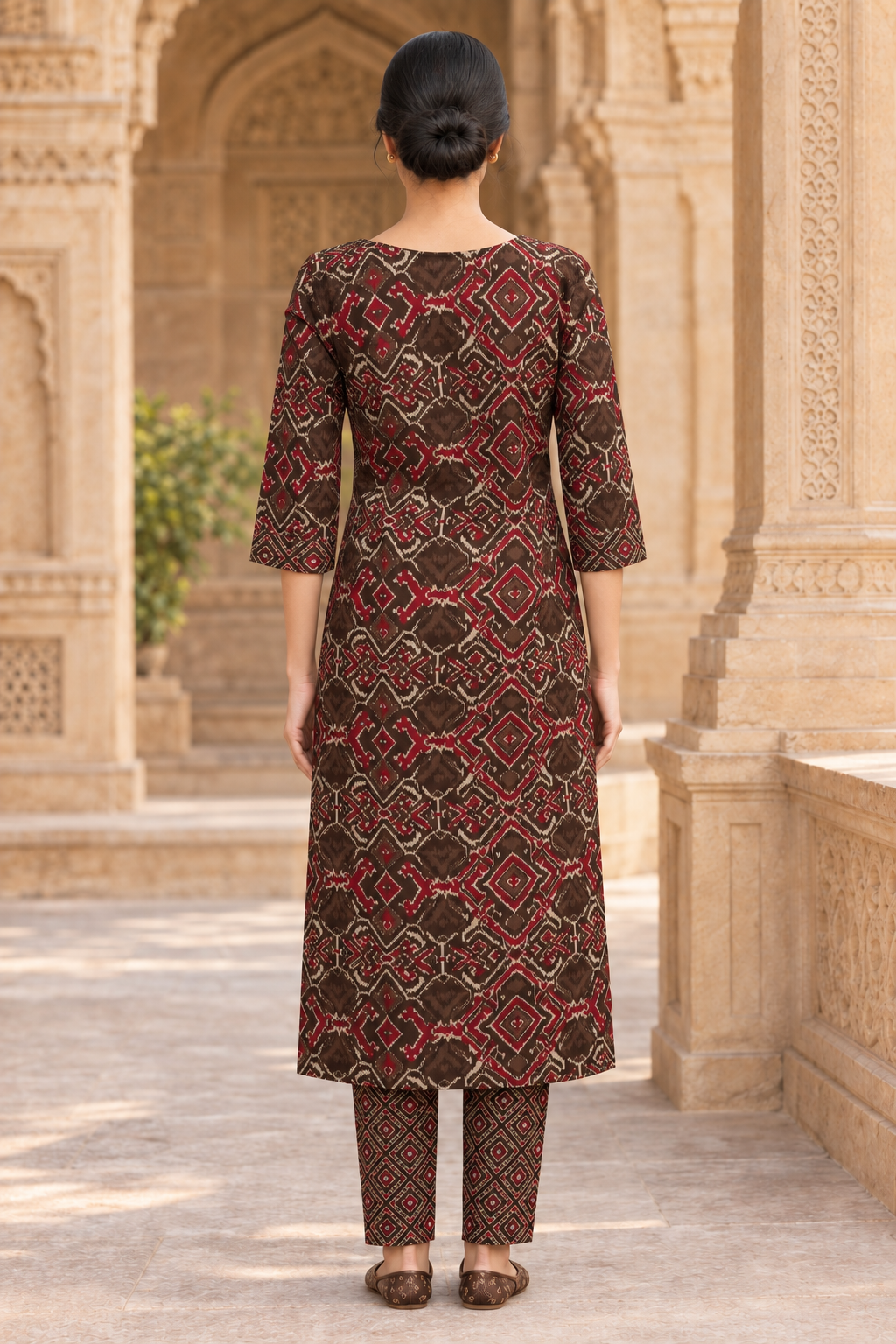 Corrected back view of the brown and maroon printed kurta set