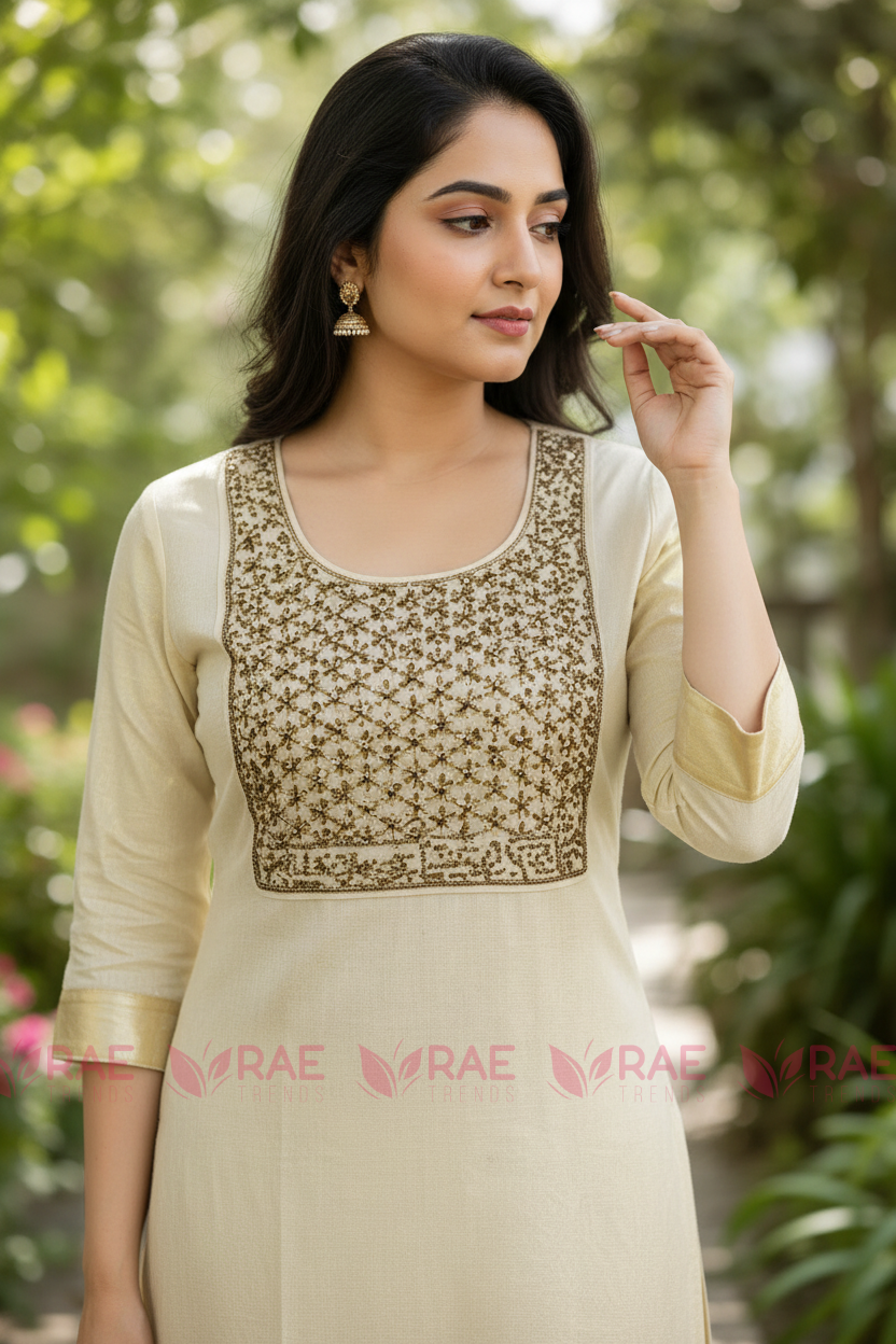 A woman wearing a cream-colored kurta with an intricate gold embroidered yoke, standing outdoors against a soft-focus green background. The image features a repeating watermark of 'RAE' across the frame.