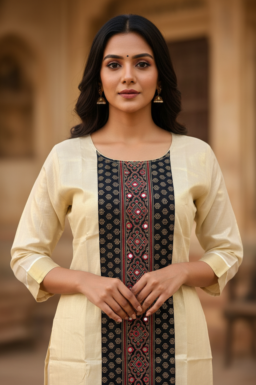 Cream Silk Kurti - Detail Close-up