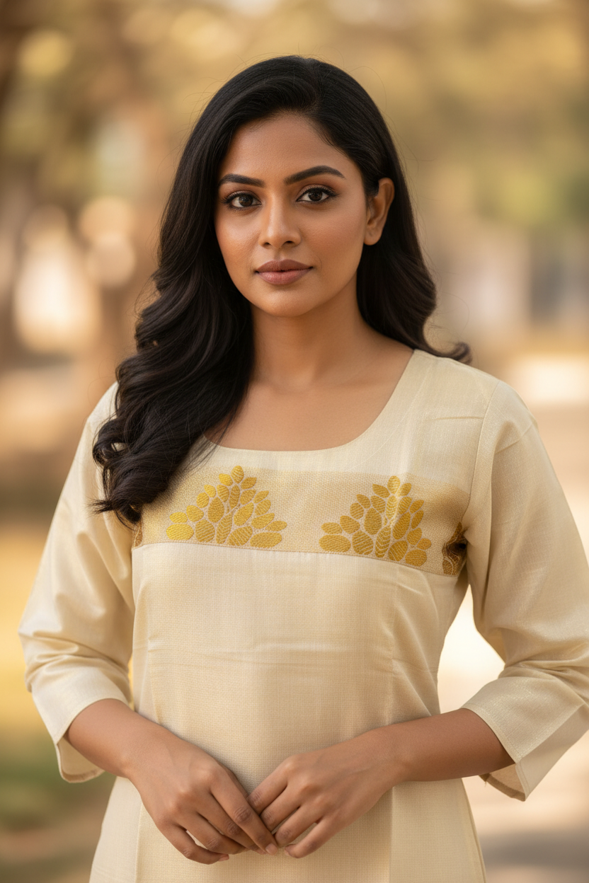 Cream Tissue Silk Zari Yoke Kurti - Detail Close-up