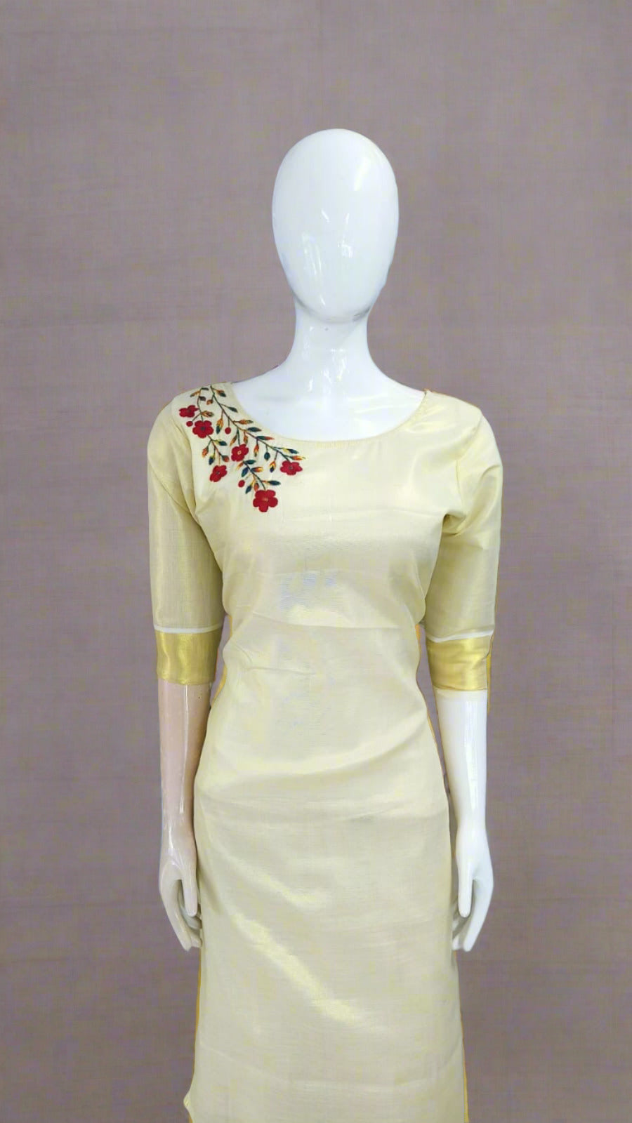 Women's Kerala Traditional Embroidery Gold Tissue kurti