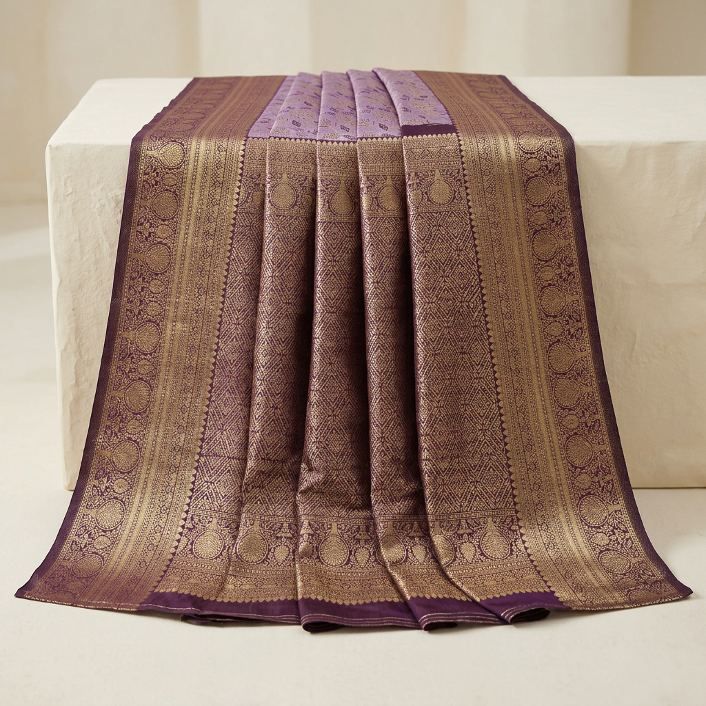 Dark plum and gold-tone saree pallu display