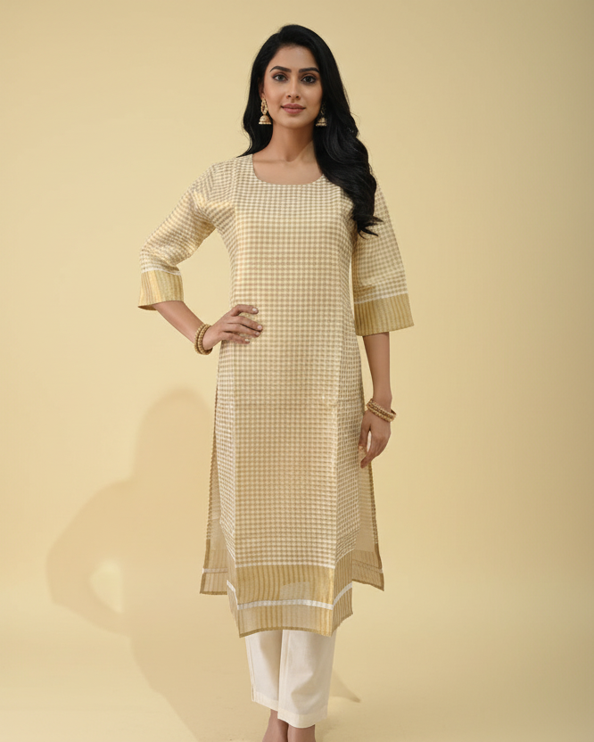Gold Checkered Tissue Kurti - Front Pose