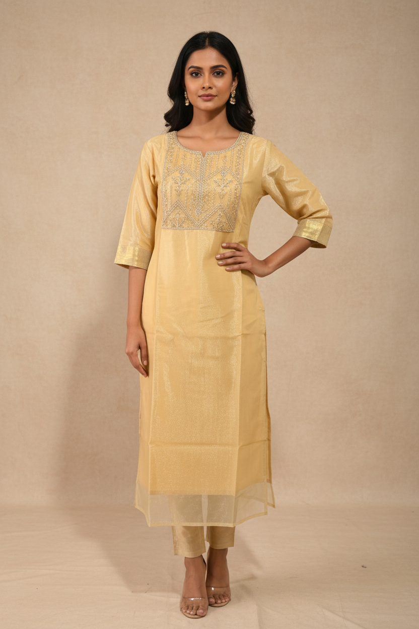 Golden Tissue Silk Kurti - Front Pose