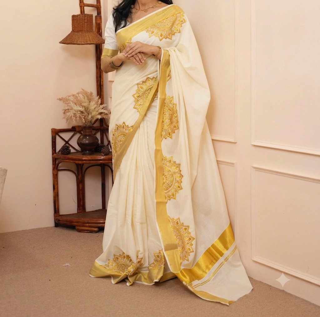 Woman draped in off-white Kerala cotton saree with large gold embroidered lotus mandala appliqué motifs along the border and body, broad golden kasavu border, styled with white full-sleeve blouse and gold jewellery – perfect for Onam, weddings and festive occasions