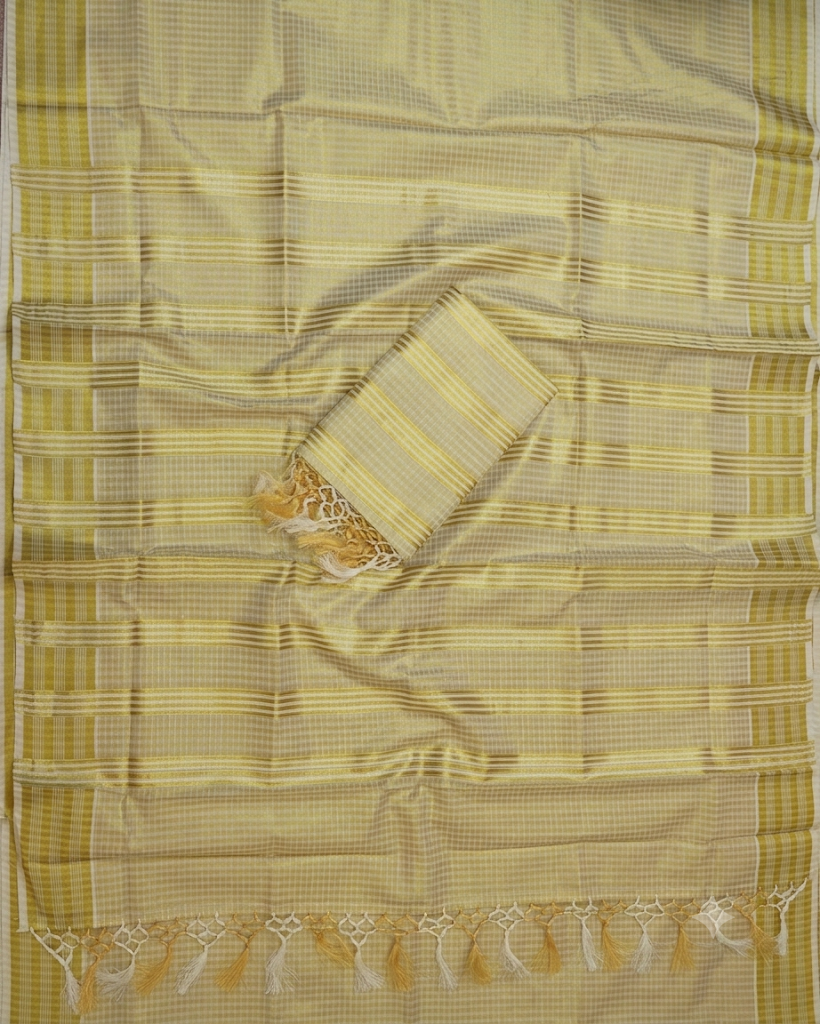 Pale gold Kerala tissue silk stripe saree with woven horizontal gold stripes, decorative tassel fringe pallu and matching blouse piece – perfect for Onam, festivals and party wear
