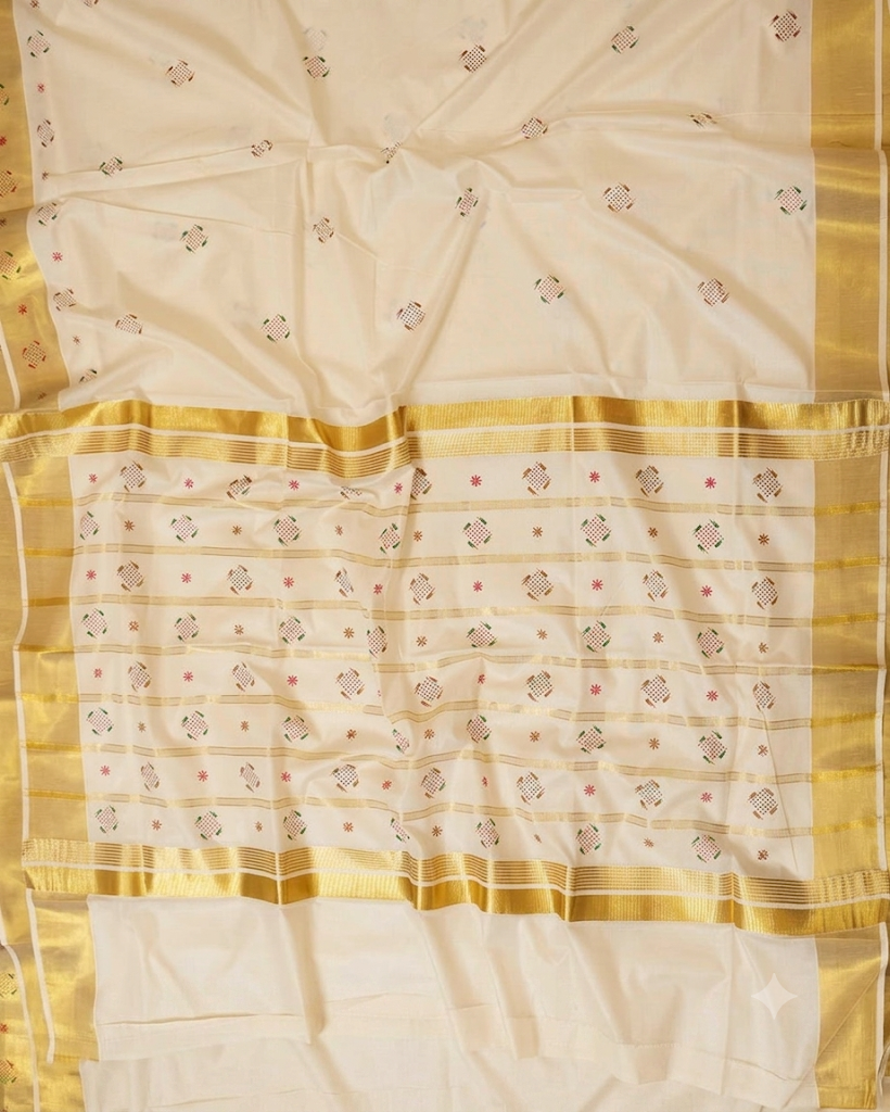 Off-white Kerala Kasavu cotton saree with scattered multicolour woven butta motifs in red and dark thread, broad golden zari border and richly woven golden stripe pallu with fringe – ideal for Onam, festivals and weddings