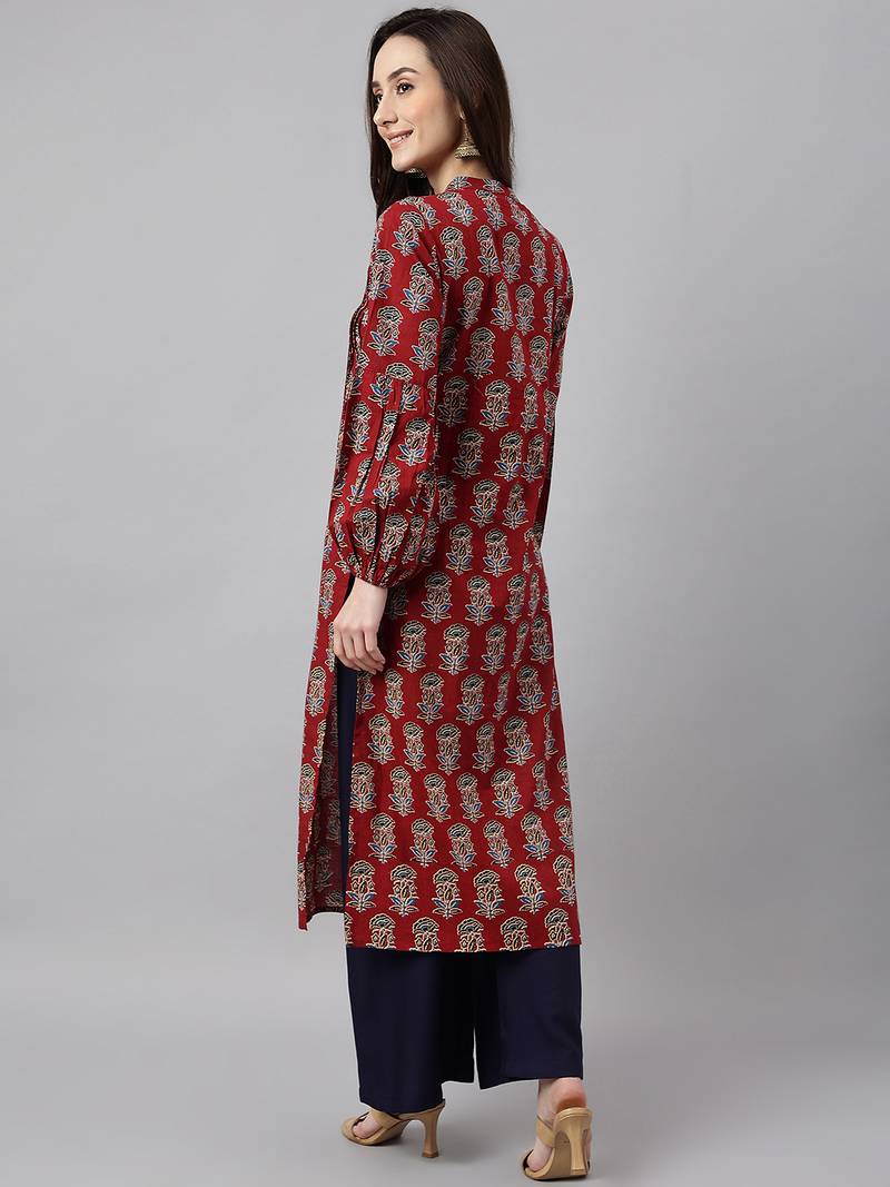Women's Maroon Pure Cotton Regular Fit Floral Printed A-Line Kurta