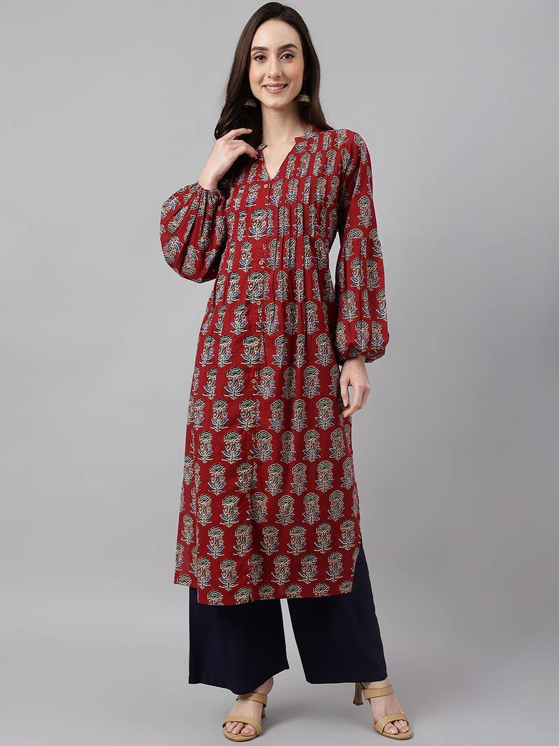 Women's Maroon Pure Cotton Regular Fit Floral Printed A-Line Kurta
