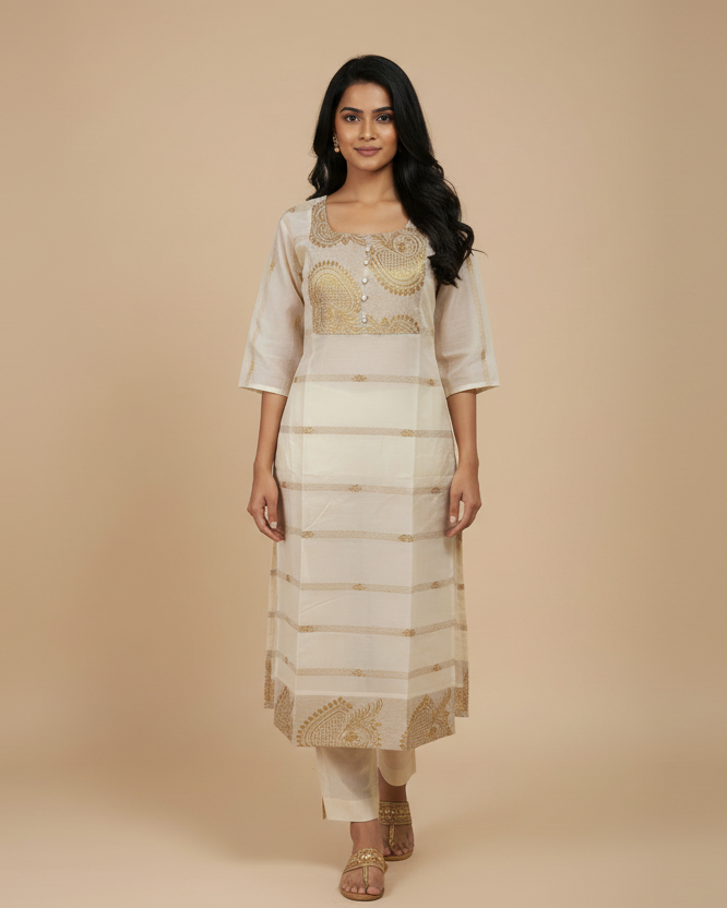 Indian Model in Cream Gold Kurta