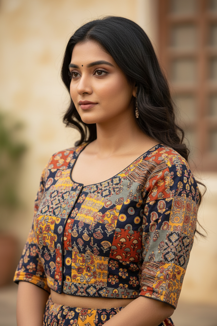 Kalamkari Patchwork Blouse – Indian Model Side Pose | RAE Trends Ethnic Wear