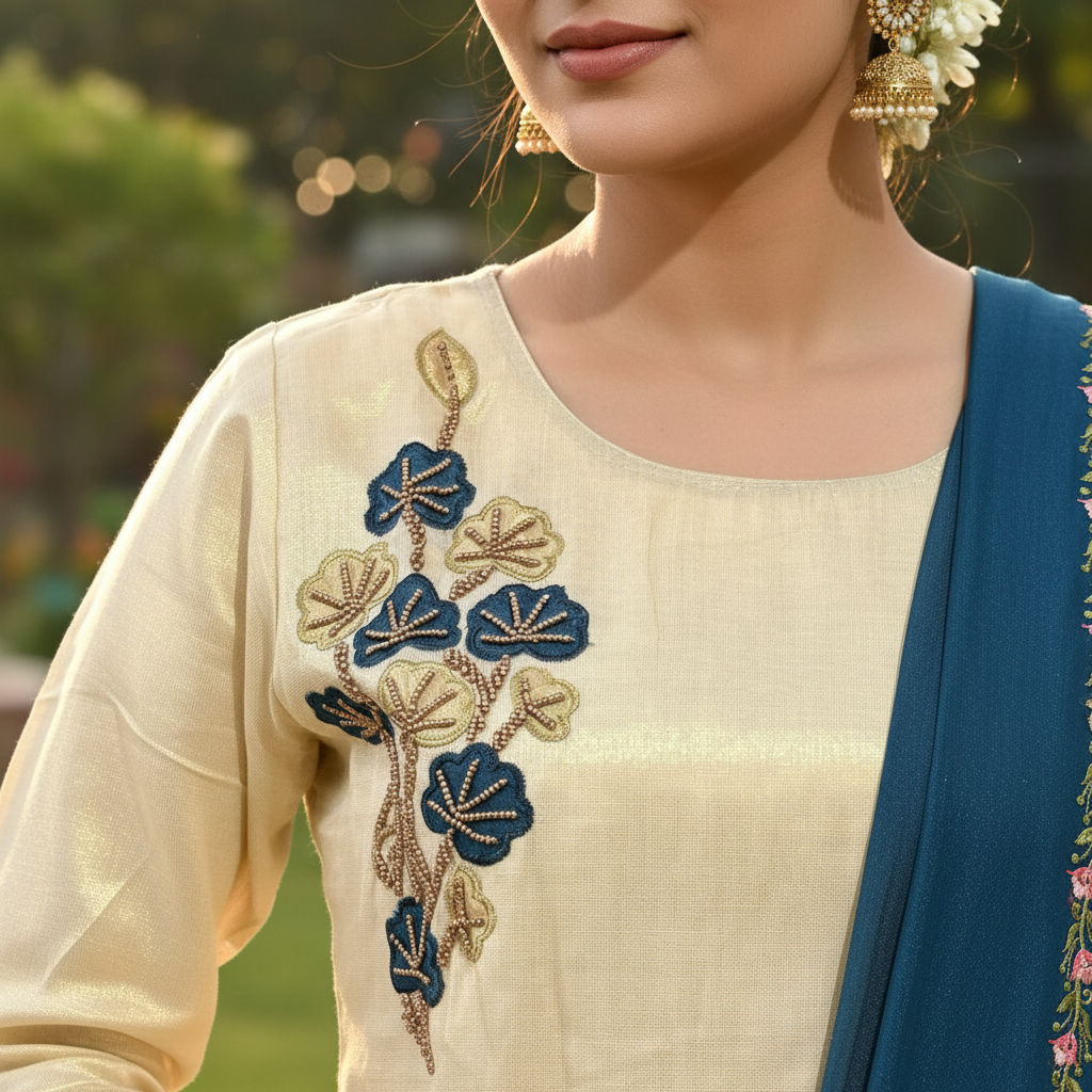 Kerala Kasavu 3D Floral Appliqué Embroidery Close-Up – Indian Model Skin | Teal Scallop Dupatta Detail