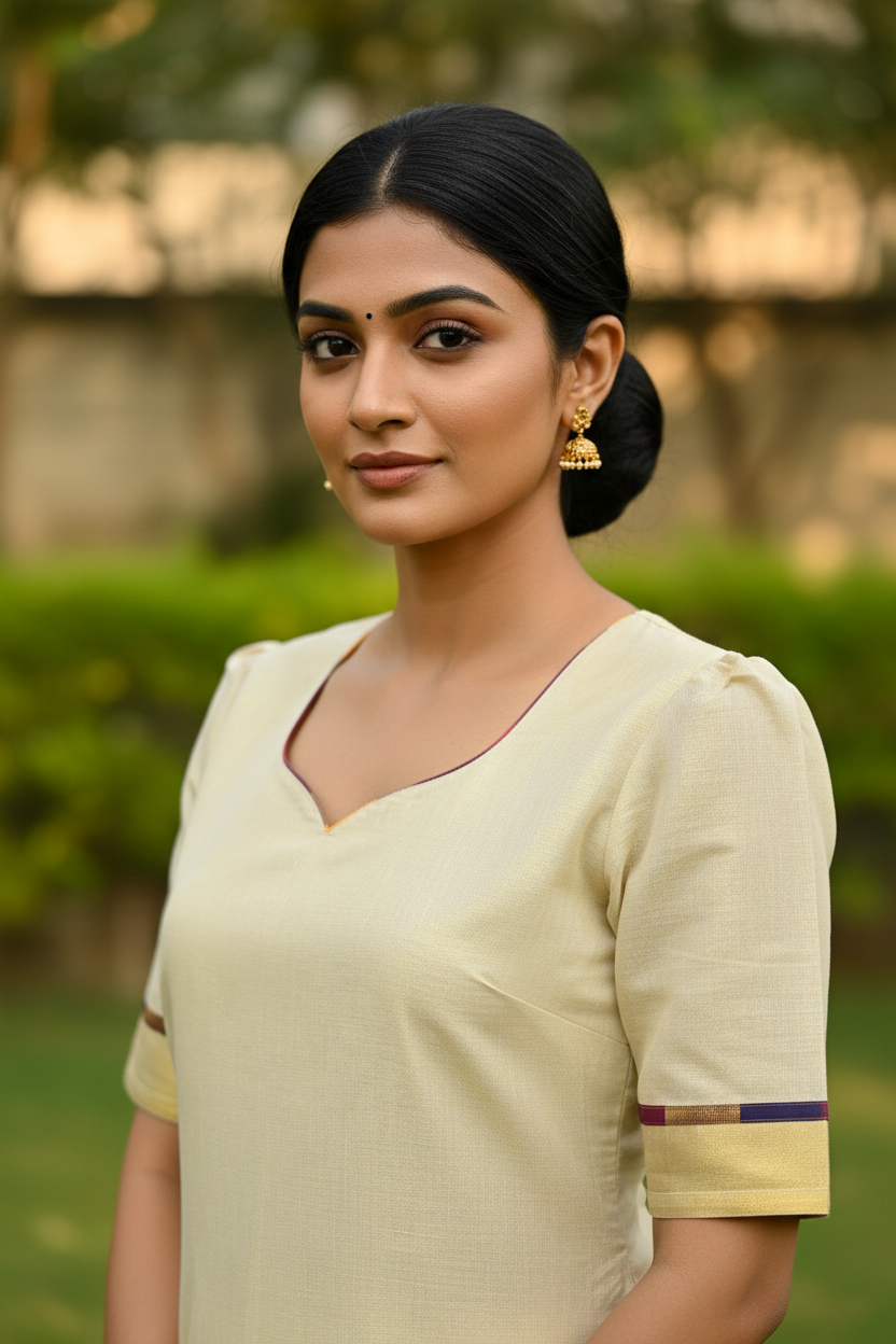 Kerala Kasavu kurti neckline and sleeve detail close-up - gold zari trim, Madras checks cuff