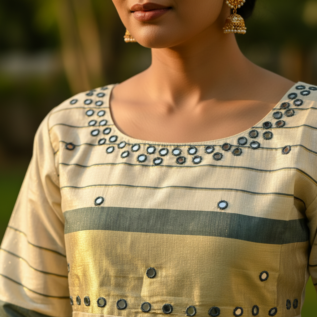 Kerala Kasavu Kurti Shisha Mirror Work & Gold Kasavu Panel Detail – Handwork Close-Up