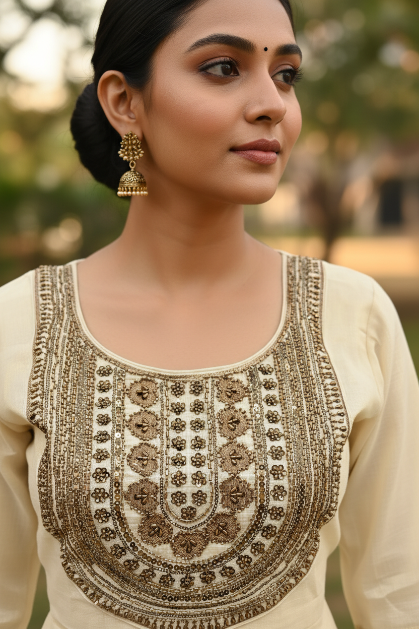 Kerala Tissue Kurti – Embroidery Detail Close-Up