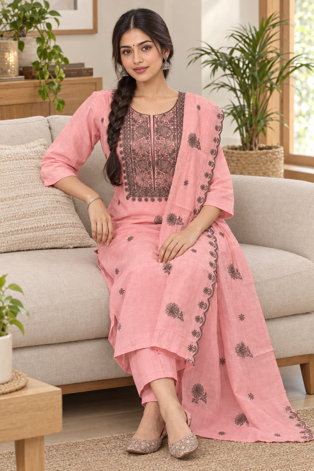 Model seated on sofa wearing blush pink embroidered kurta and dupatta