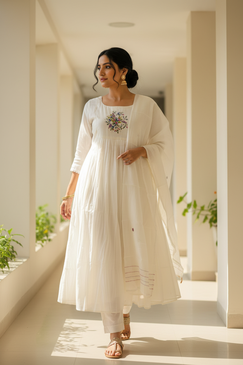 Off White Chanderi Kurti - Walking Pose