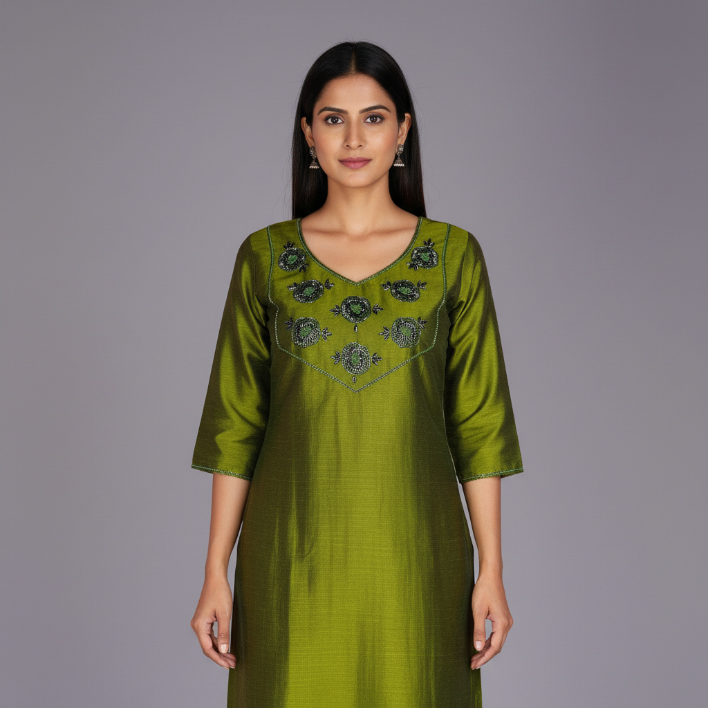 Women's Olive Green Silk Blend Kurti with Hand Embroidery Kurti RAE Trends Women's Olive Green Silk Blend Kurti with Hand Embroidery Kurti RAE Trends