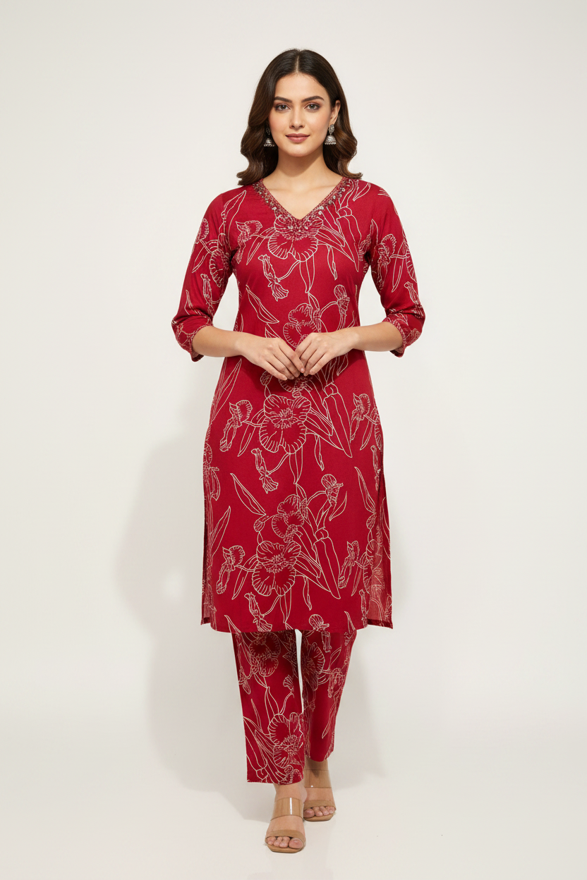 Red Floral Print Rayon Coord Set on Model