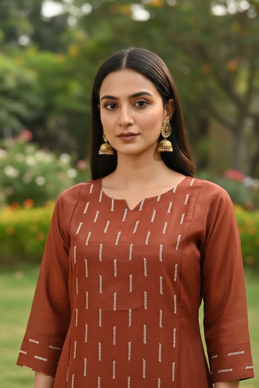 Rust Brown Mul Chanderi Salwar Set – Gold Thread Embroidery Close-Up – Indian Model – Outdoor Garden Bokeh – HD 8K Ethnic Wear Macro Photography